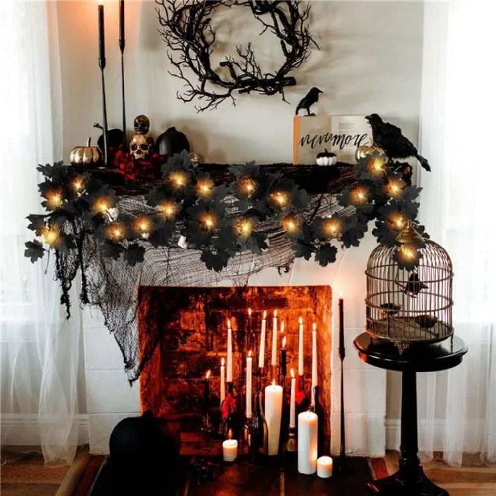 Black Leaf Garland with Yellow Lights, 2 Pack Halloween Artificial Hanging Fall
